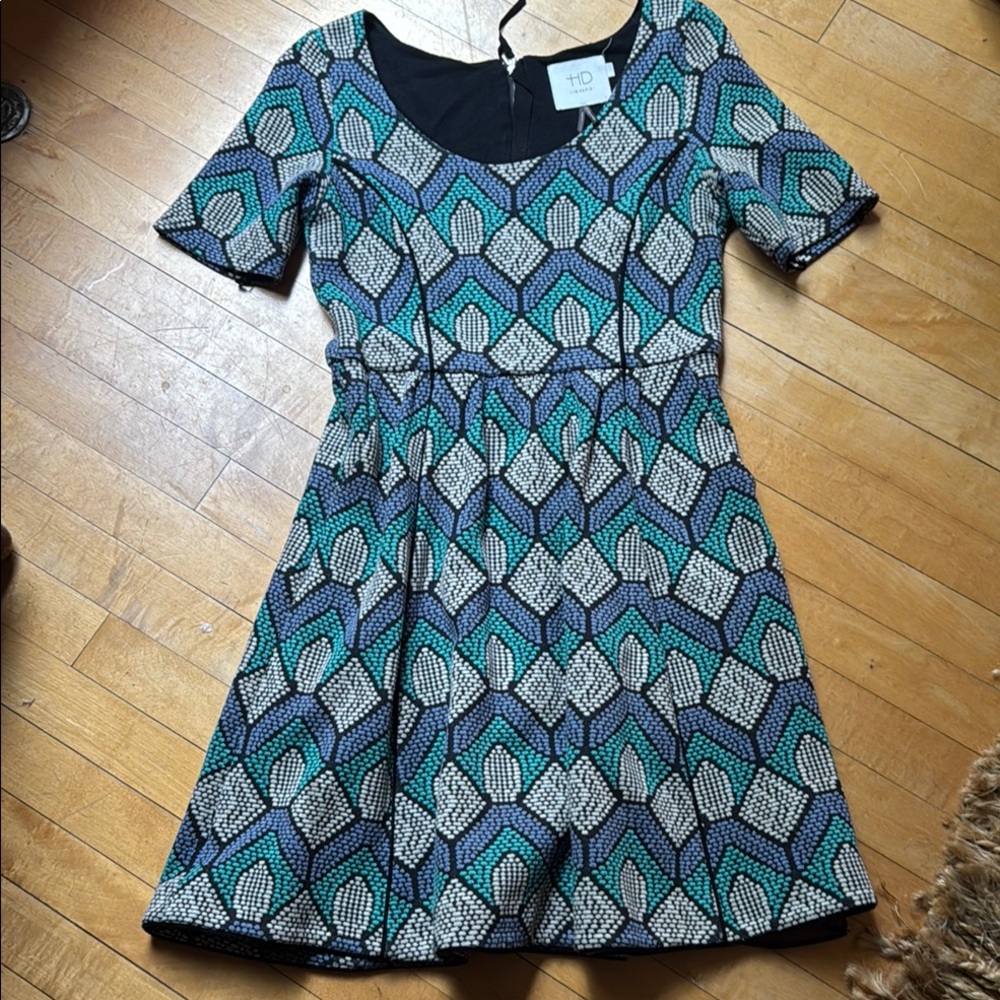 HD in Paris Green and Blue Fit and Flare Dress with Scoop Neck